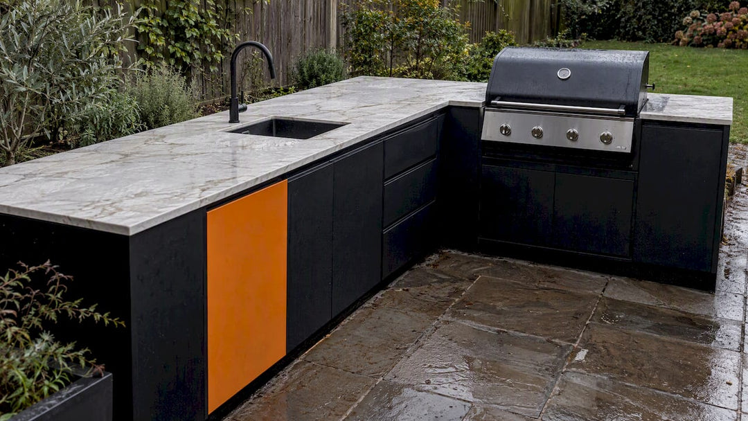 Porcelain worktop in a British outdoor kitchen