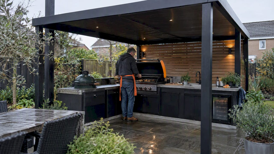 Outdoor kitchen beneath a garden canopy