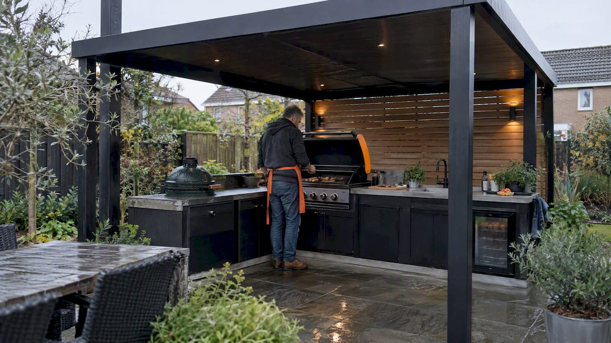 Outdoor kitchen beneath a garden canopy