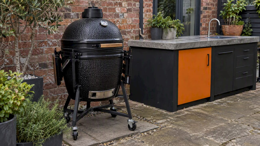 Ceramic kamado in a safe outdoor kitchen